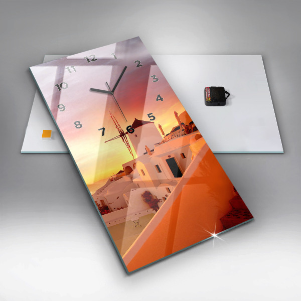 Modern vertical wall clock Old windmill in Santorini