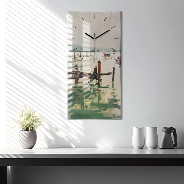 Modern vertical wall clock Fishing boats in the port