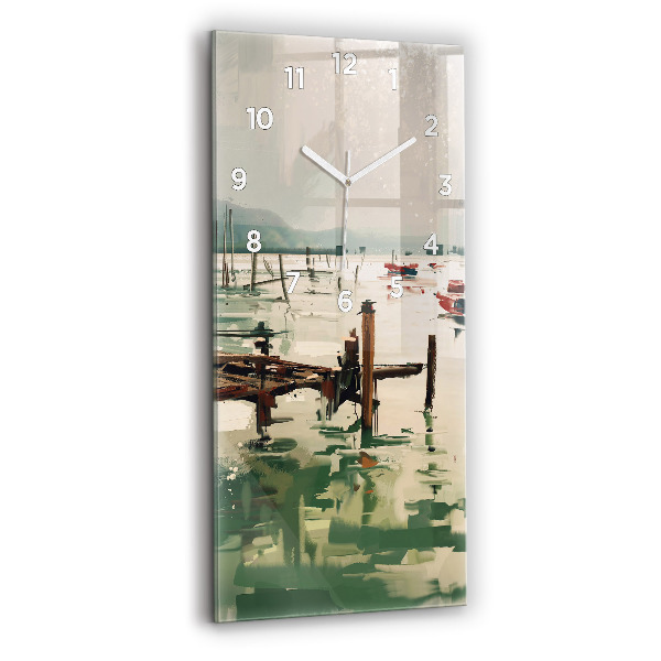 Modern vertical wall clock Fishing boats in the port
