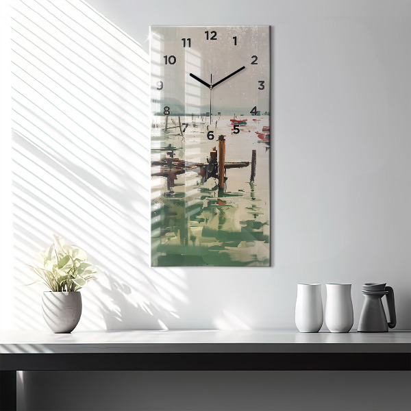 Modern vertical wall clock Fishing boats in the port