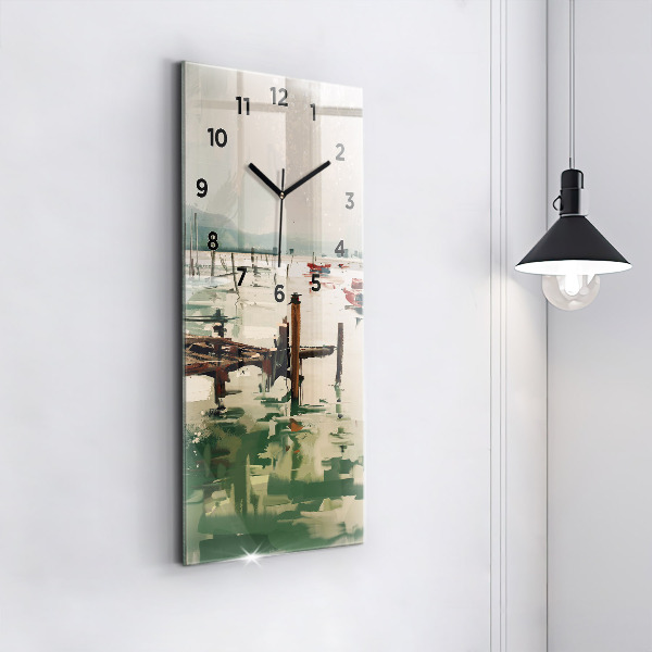 Modern vertical wall clock Fishing boats in the port