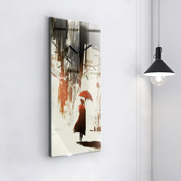 Modern vertical wall clock Woman on a rainy night