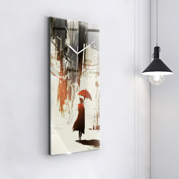 Modern vertical wall clock Woman on a rainy night