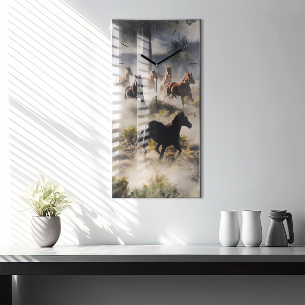 Modern vertical wall clock A herd of rushing horses
