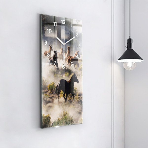 Modern vertical wall clock A herd of rushing horses