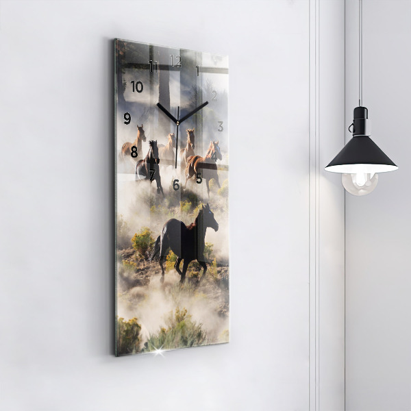 Modern vertical wall clock A herd of rushing horses