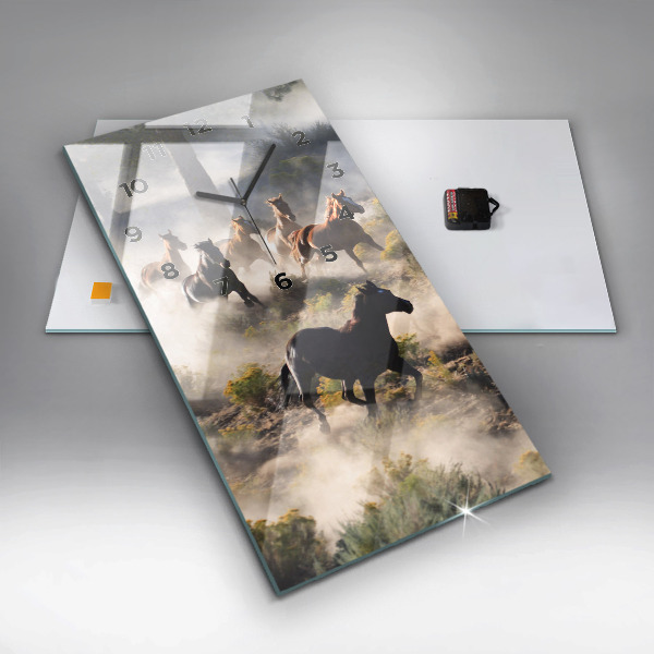 Modern vertical wall clock A herd of rushing horses