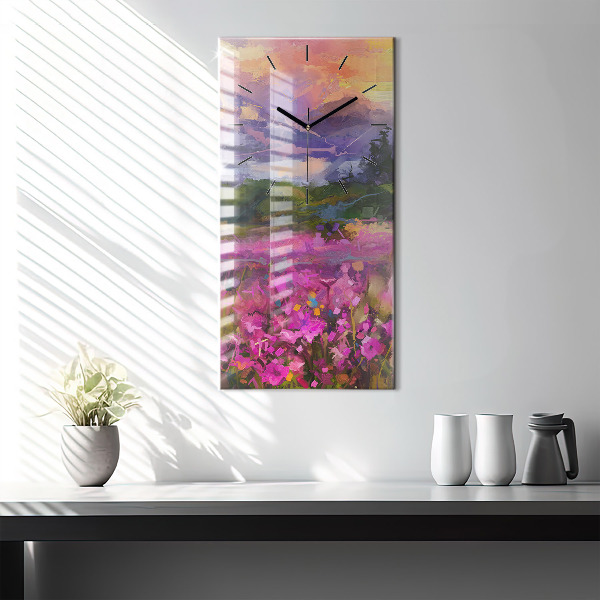 Modern vertical wall clock Meadow in the sunset