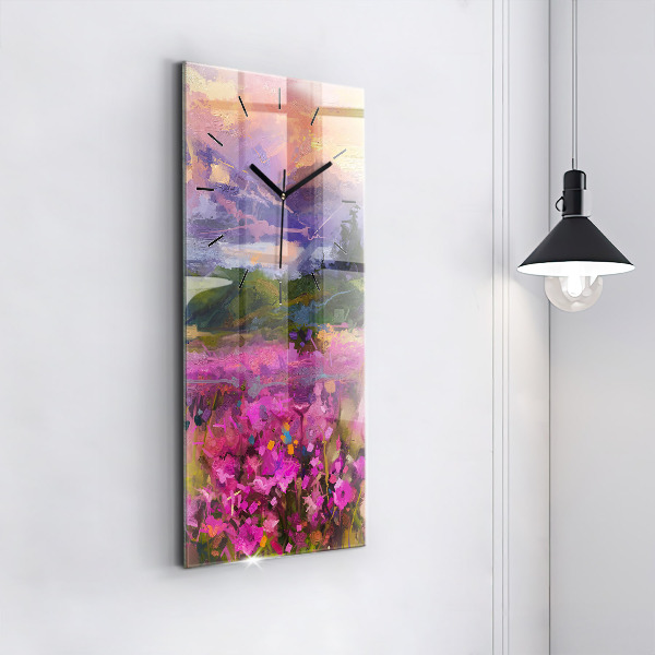 Modern vertical wall clock Meadow in the sunset