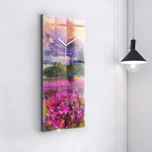Modern vertical wall clock Meadow in the sunset