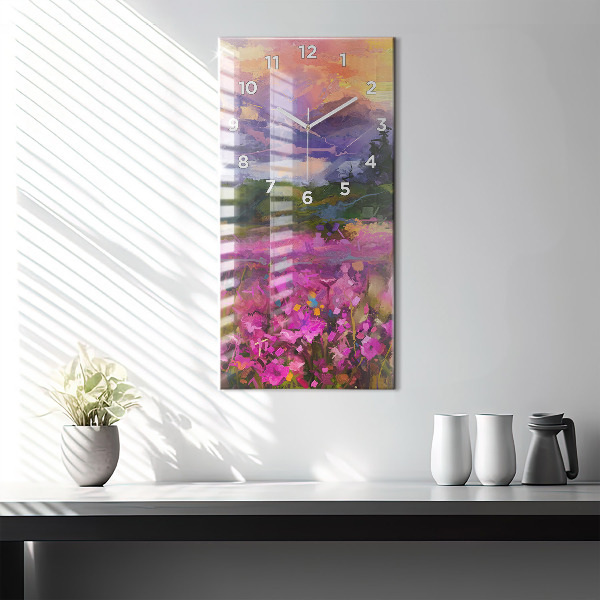 Modern vertical wall clock Meadow in the sunset