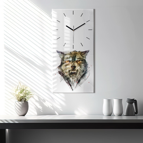 Modern vertical wall clock Drawn portrait of a wolf
