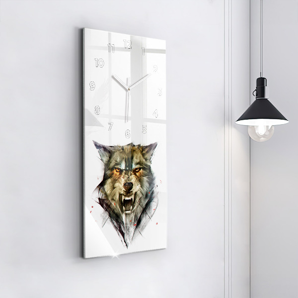Modern vertical wall clock Drawn portrait of a wolf