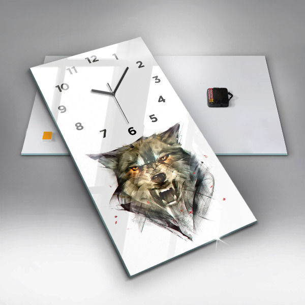 Modern vertical wall clock Drawn portrait of a wolf