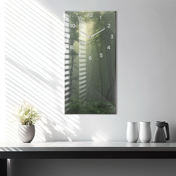 Modern vertical wall clock Misty forest in the morning
