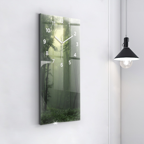 Modern vertical wall clock Misty forest in the morning