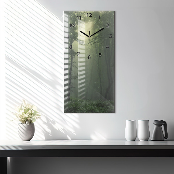 Modern vertical wall clock Misty forest in the morning