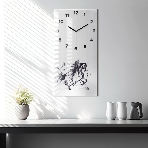 Modern vertical wall clock Knight on a horse made of ink drops