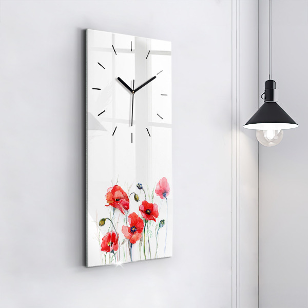 Modern vertical wall clock Painted Red Poppies