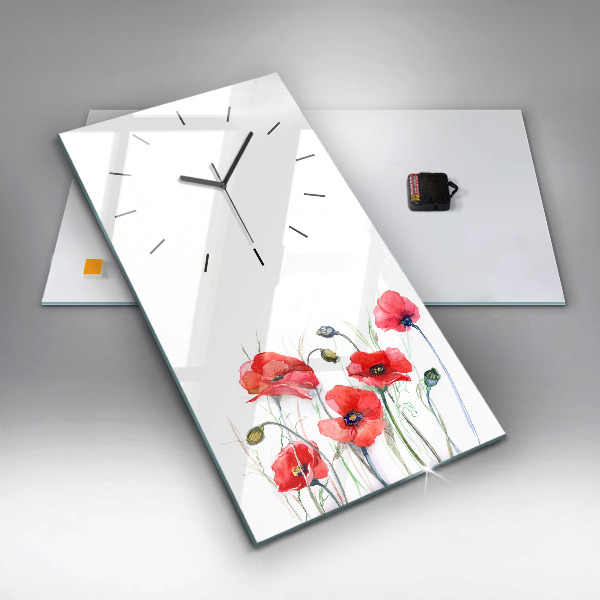 Modern vertical wall clock Painted Red Poppies