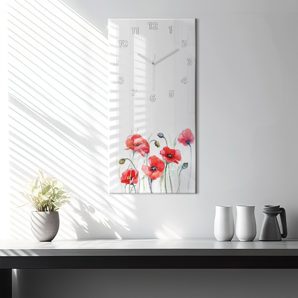 Modern vertical wall clock Painted Red Poppies