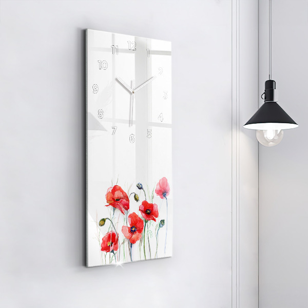 Modern vertical wall clock Painted Red Poppies