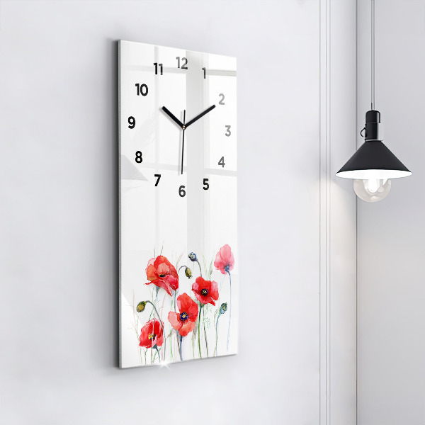 Modern vertical wall clock Painted Red Poppies