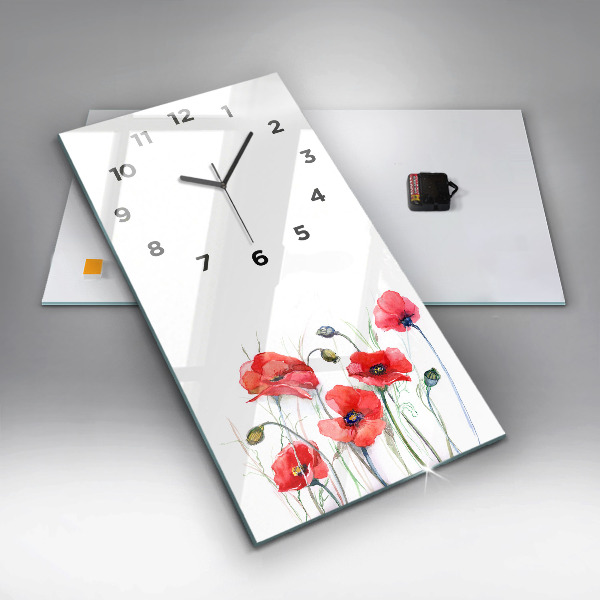 Modern vertical wall clock Painted Red Poppies