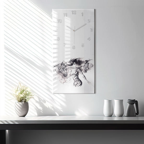 Modern vertical wall clock Woman and zebras