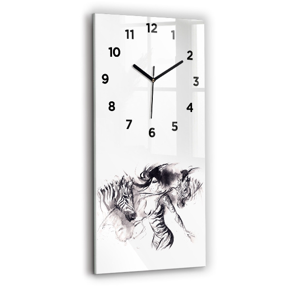 Modern vertical wall clock Woman and zebras