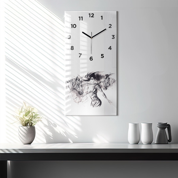 Modern vertical wall clock Woman and zebras