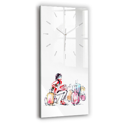 Modern vertical wall clock Woman with suitcases