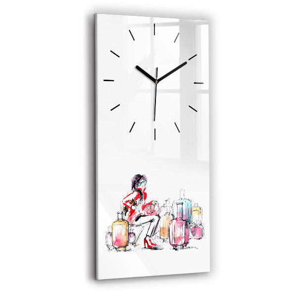 Modern vertical wall clock Woman with suitcases