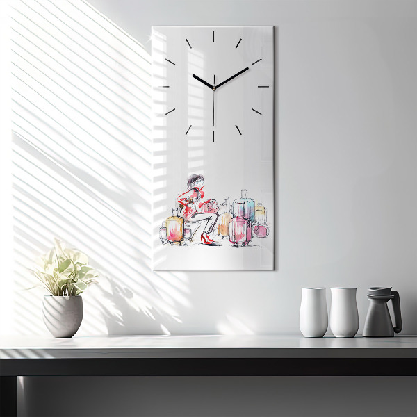 Modern vertical wall clock Woman with suitcases