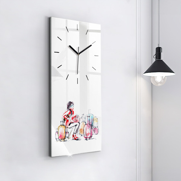 Modern vertical wall clock Woman with suitcases