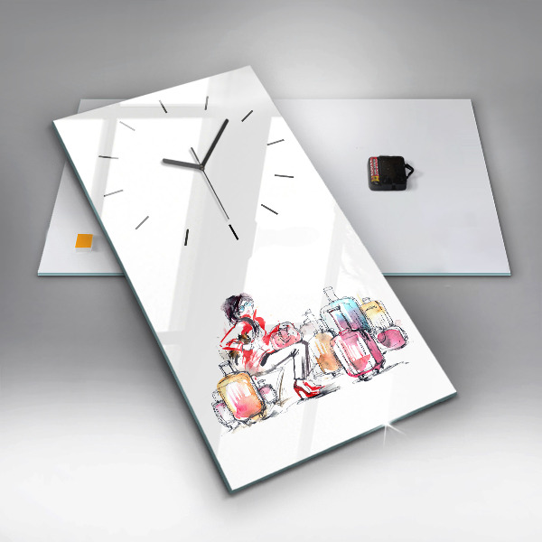 Modern vertical wall clock Woman with suitcases