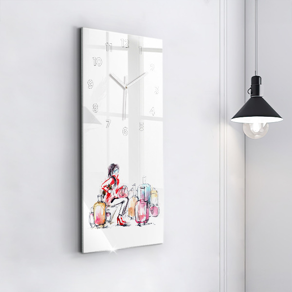 Modern vertical wall clock Woman with suitcases