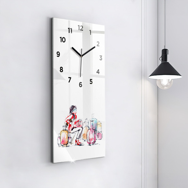 Modern vertical wall clock Woman with suitcases