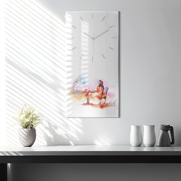 Modern vertical wall clock Woman drinking tea