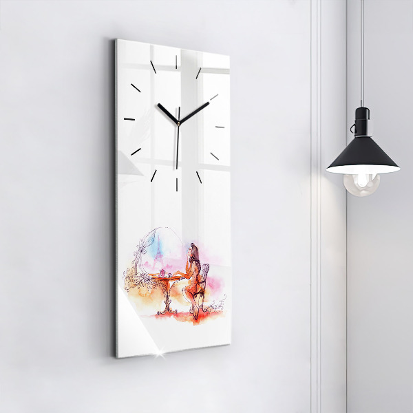 Modern vertical wall clock Woman drinking tea