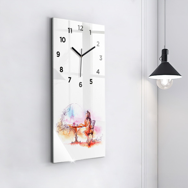 Modern vertical wall clock Woman drinking tea