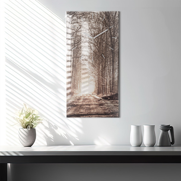 Modern vertical wall clock Forest path in sepia