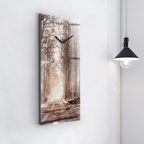Modern vertical wall clock Forest path in sepia