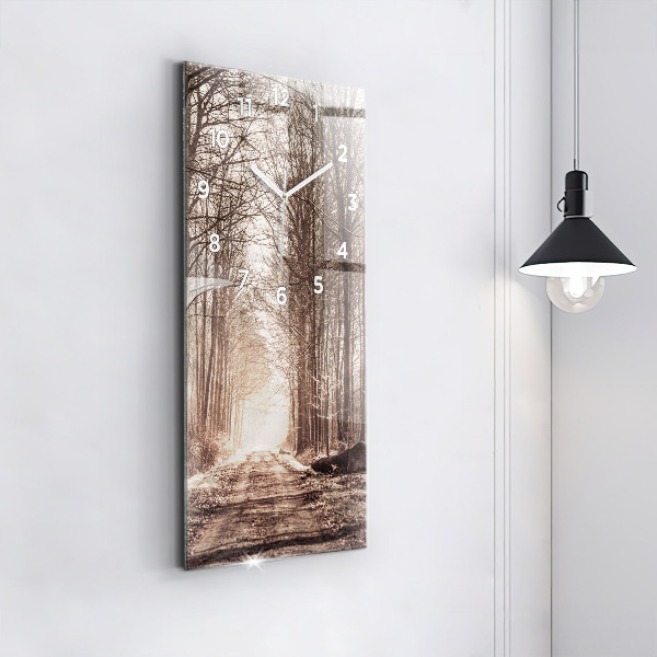 Modern vertical wall clock Forest path in sepia