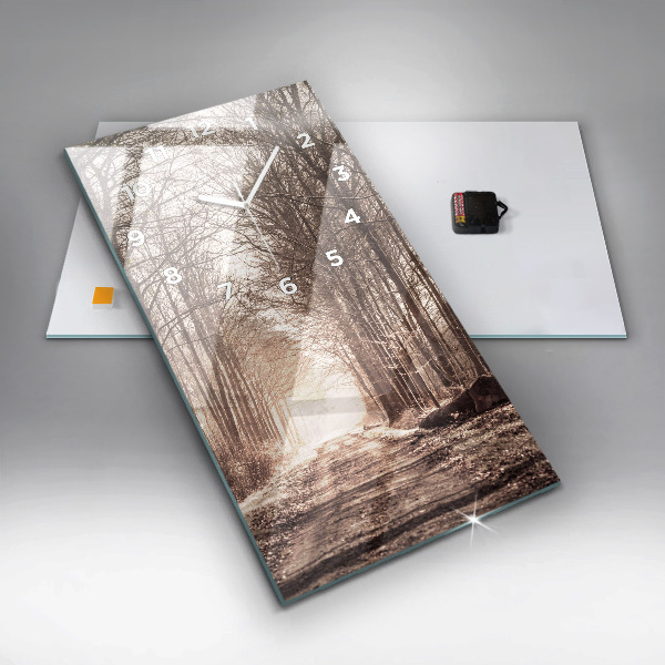 Modern vertical wall clock Forest path in sepia