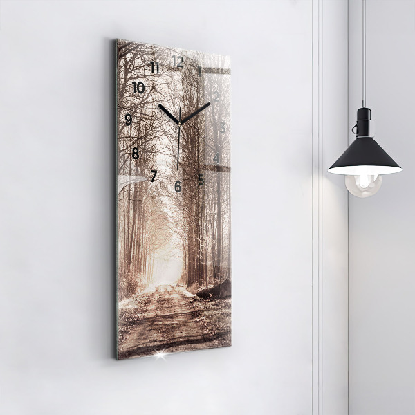 Modern vertical wall clock Forest path in sepia