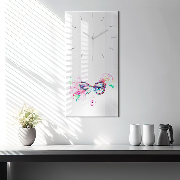 Modern vertical wall clock Woman with glasses