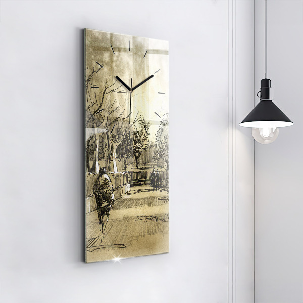 Modern vertical wall clock Park and trees in sepia