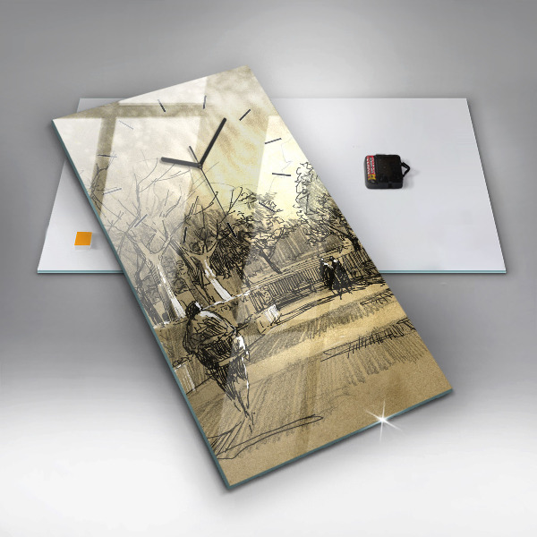 Modern vertical wall clock Park and trees in sepia