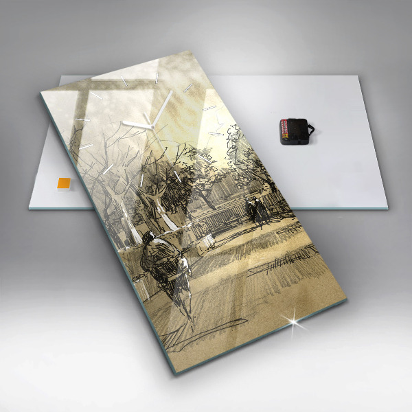 Modern vertical wall clock Park and trees in sepia